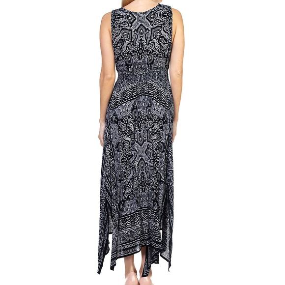 Bila Size XXL Black White Print Farah Boho Dress Handkerchief Hem Crochet Neck - Picture 3 of 9